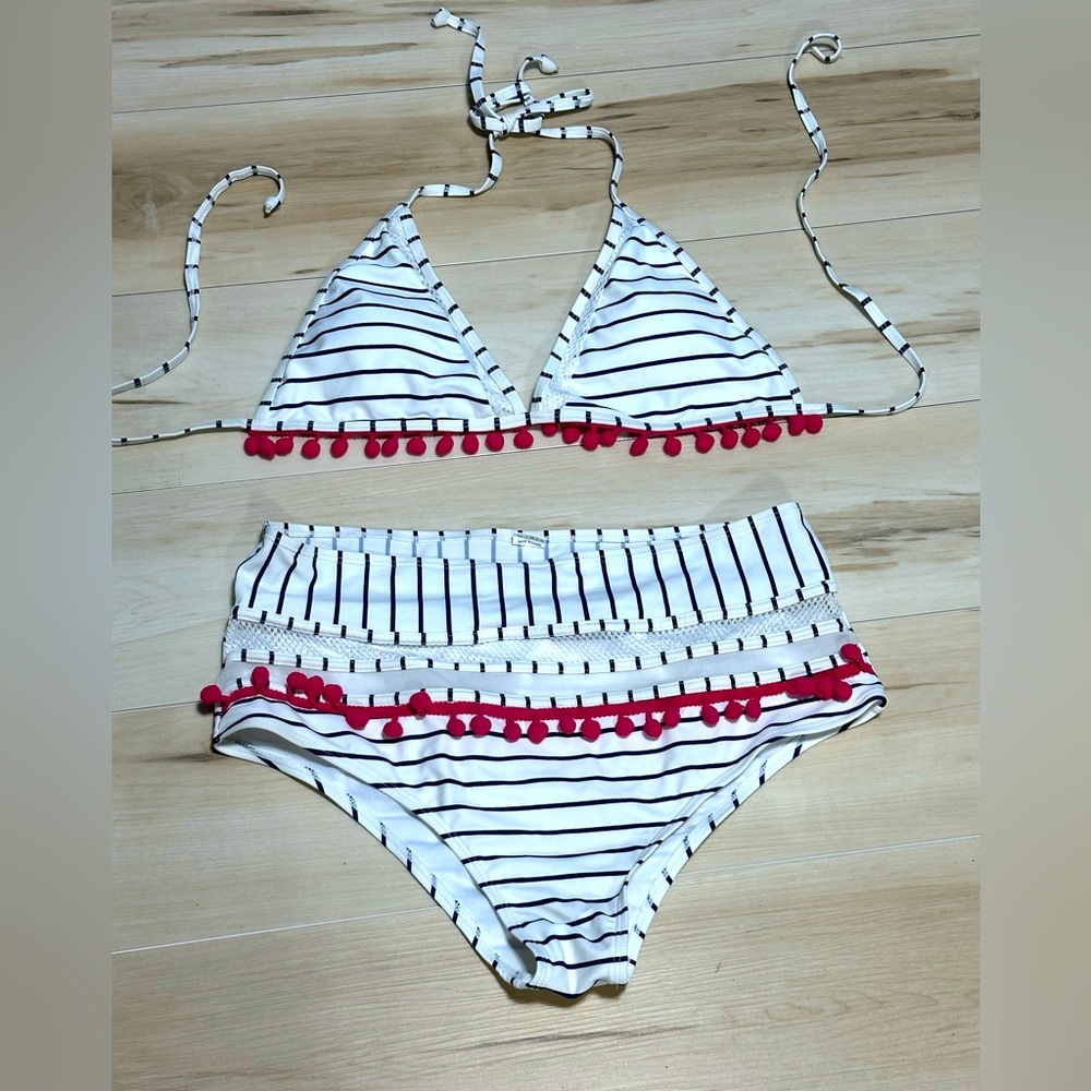 Striped Bikini with Red Pom Poms size Large A100